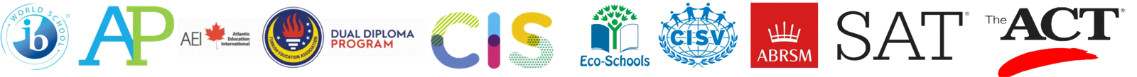 IB World School, AP, AEI Dual Diploma, CIS, Eco-Schools, CISV, ABRSM, SAT ve ACT işbirliği logoları